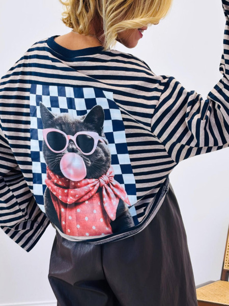 Top Rayé Motif Chat Lunettes & Chewing-Gum