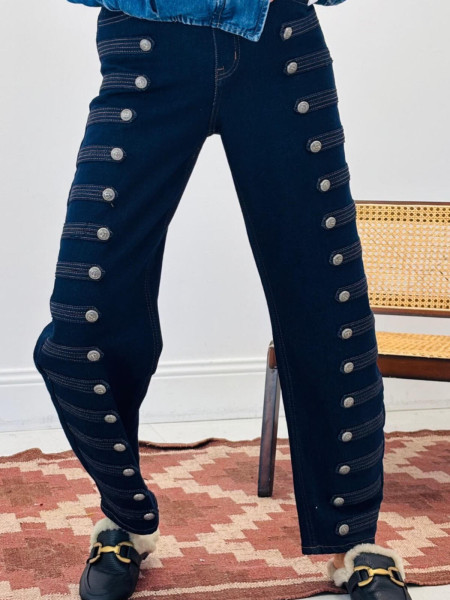 Jean Denim Bleu Brut Style Officier Boutons Métal