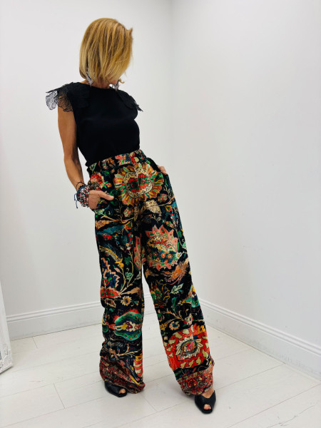 Pantalon Fluide Velours Motif Tapisserie Orientale