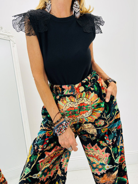 Pantalon Fluide Velours Motif Tapisserie Orientale