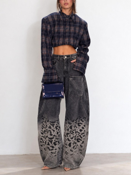 Jean Large Noir Délavé Motif Léopard