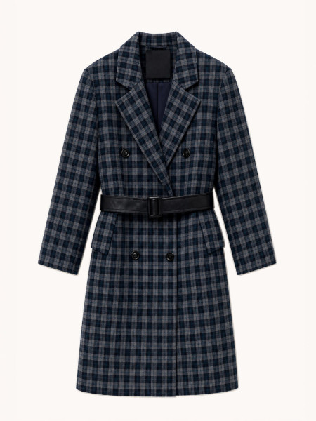 Manteau Long à Carreaux Bleu & Gris avec Ceinture Effet Cuir
