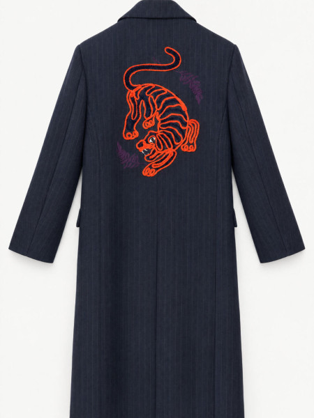 Manteau Long Rayé Marine à Broderie Tigre Orange au Dos