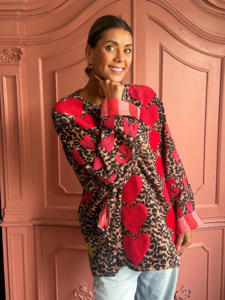 Veste Oversize Imprimé Léopard & Appliques Cœurs Rouges