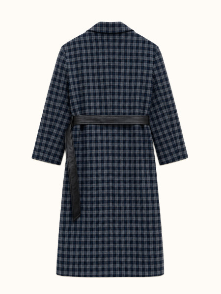 Manteau Long à Carreaux Bleu & Gris avec Ceinture Effet Cuir